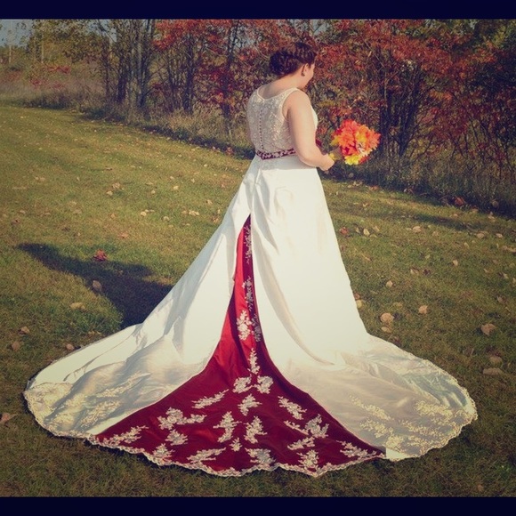 wedding dress with burgundy accents